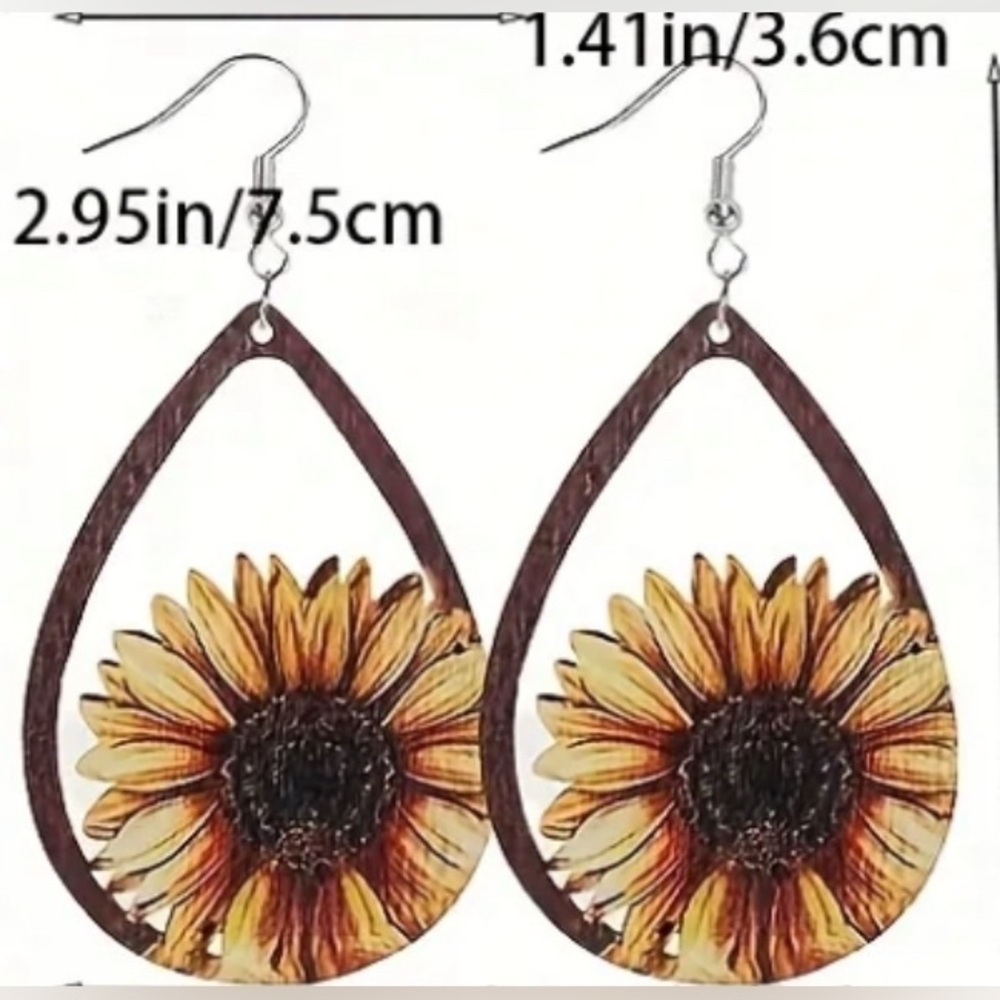 π» Sunflower Wood Teardrop Earrings | Boho Chic Lightweight | NEW NWT β¨ - Picture 5 of 5